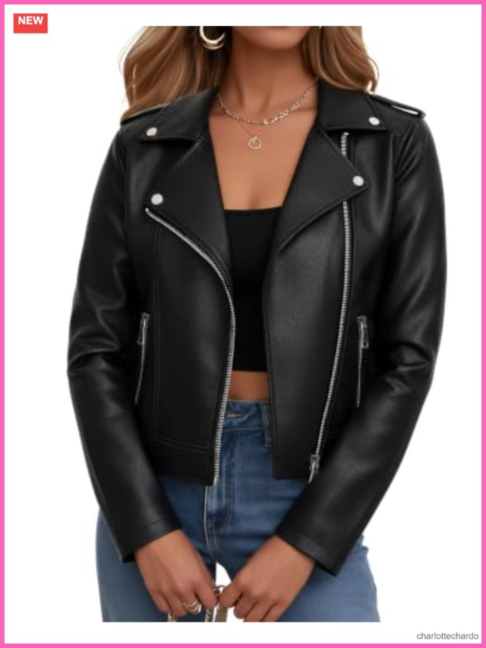Faux Leather Cropped Moto Biker Jacket Zip Up Streetwear